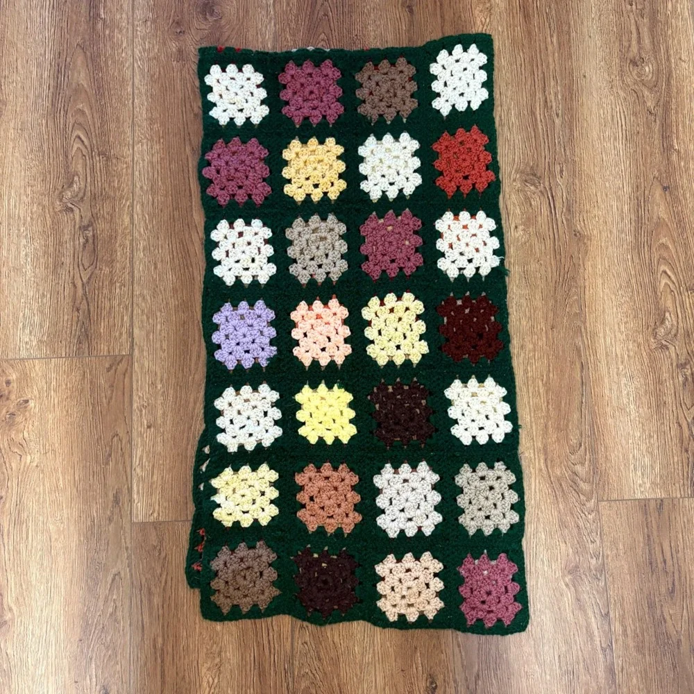 Handmade Crochet Granny Square Table Runner Green Multi Color Boho Vintage 70x19